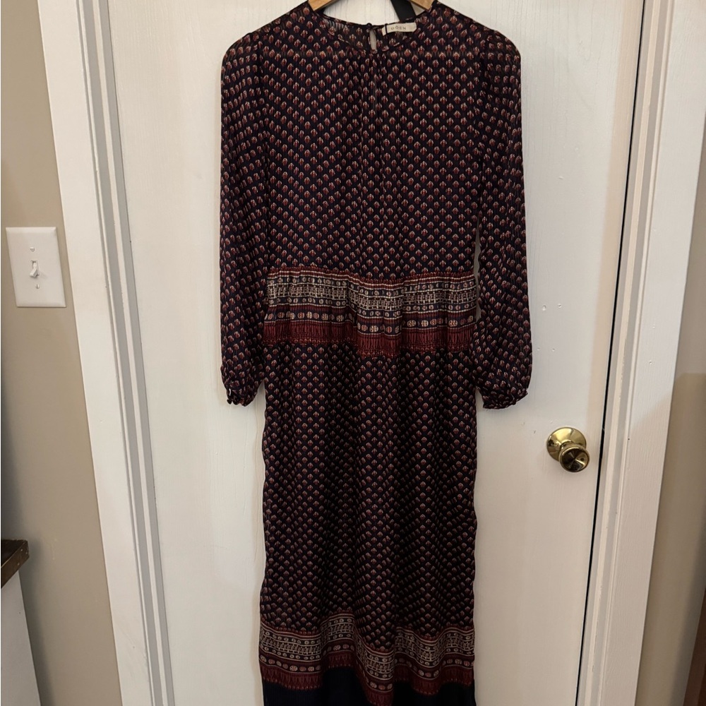 Elegant Navy Blue and Maroon Silk Patterned Women's Dress by DÕEN
